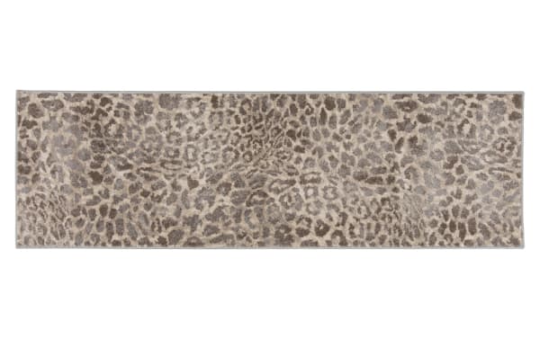 Sharma 2' x 8' gray animal print runner rug with transitional style, made of durable, stain-resistant polypropylene in gray, cream, and brown tones.