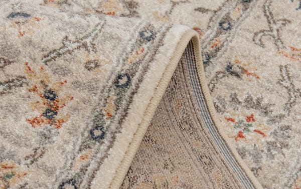 Beige Sandra 2' x 3' transitional Oriental rug with floral pattern, classic border, machine-made polypropylene for durability and stain resistance.