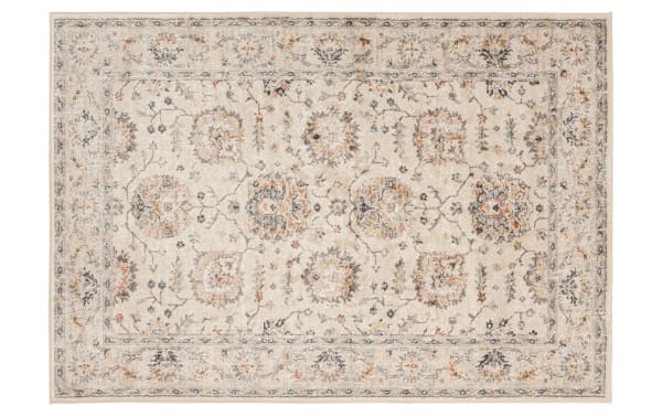 Sandra 5' x 7' Beige Oriental Rug with floral pattern and classic border in cream, beige, brown, gray, orange, and blue. Made of durable, stain-resistant polypropylene.