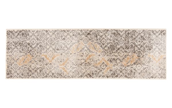 Morall 2' x 8' Gray Ikat Runner rug with intricate gray, cream, and yellow pattern. Transitional style, machine-made polypropylene, stain and fade-resistant.