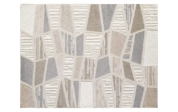 Miller 3' x 5' transitional rug in beige, gray, brown, and cream with geometric pattern, durable stain-resistant polypropylene fibers.