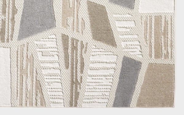 Miller 3' x 5' transitional rug in beige, gray, brown, and cream polypropylene fibers with abstract geometric pattern, stain and fade resistant.