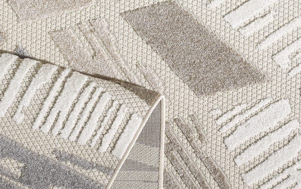 Miller 3' x 5' transitional rug in beige, gray, brown, and cream with durable, stain-resistant polypropylene fibers and modern geometric design.