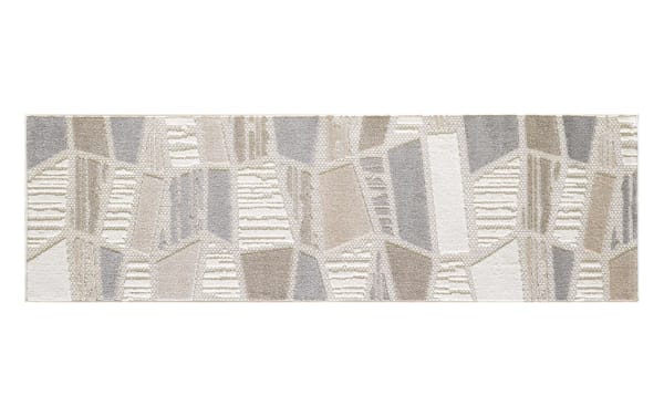Beige Miller 2' x 8' runner with geometric pattern in gray, brown, and cream. Transitional style polypropylene rug, stain and fade resistant, durable for high-traffic areas.