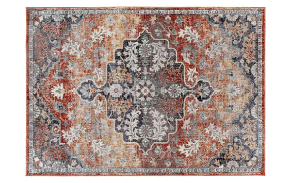 Tamin 6' x 9' multi-colored transitional Oriental rug in blue, red, yellow, cream, orange, and gray. Machine-made polypropylene, soft, durable, fade- and stain-resistant.