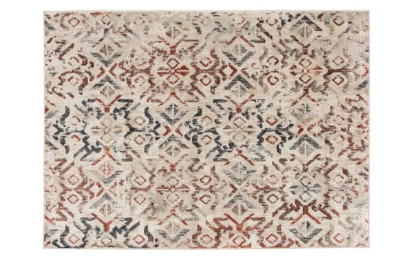 Solis 3' x 5' beige Ikat rug with cream, red, blue, orange, and yellow tones. Transitional style, machine-made polypropylene, fade- and stain-resistant.