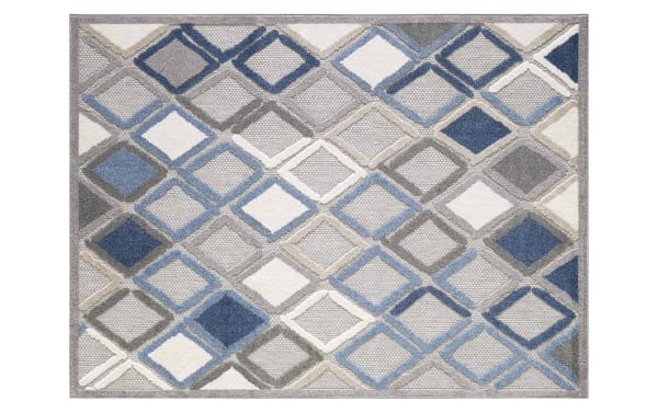 Aygon 2' x 3' gray geometric indoor/outdoor rug with blue, light gray, white, and beige diamond pattern. Polypropylene, transitional style. Durable, modern design for high traffic areas.