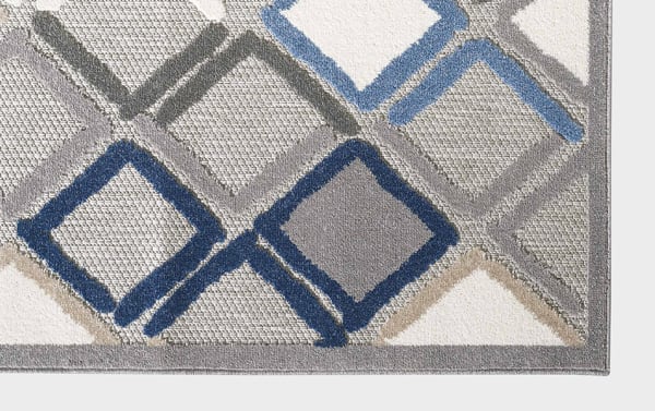 Gray geometric indoor/outdoor rug with blue, white, beige accents in a transitional style, made of durable polypropylene.