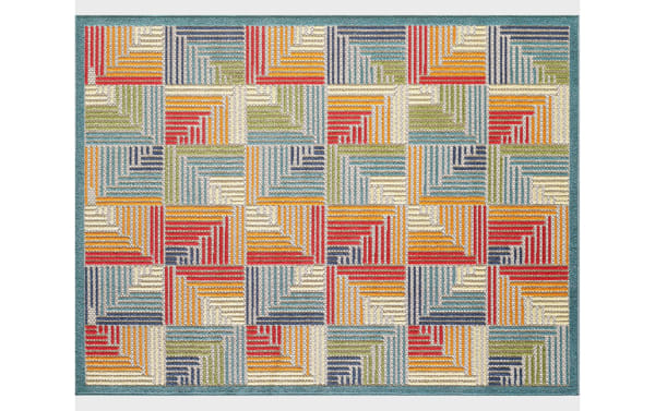 Tae 5' x 7' multi geometric indoor/outdoor rug with abstract multicolored pattern in blue, cream, orange, red, green, purple. Durable polypropylene.