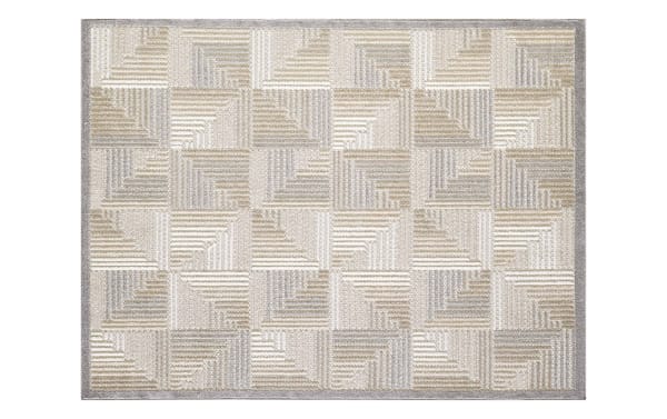 Tae 2' x 3' beige geometric indoor/outdoor rug with abstract pattern in cream, gray, brown, taupe. Durable, stain-resistant polypropylene.