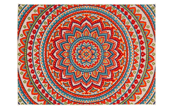 Mathis 6' x 9' Multi Medallion Indoor/Outdoor Rug in vibrant red, blue, yellow, green, and orange. Transitional style with intricate circular medallion design, made of durable polypropylene for stain and fade resistance. Ideal for living rooms, dining areas, or outdoor decks.