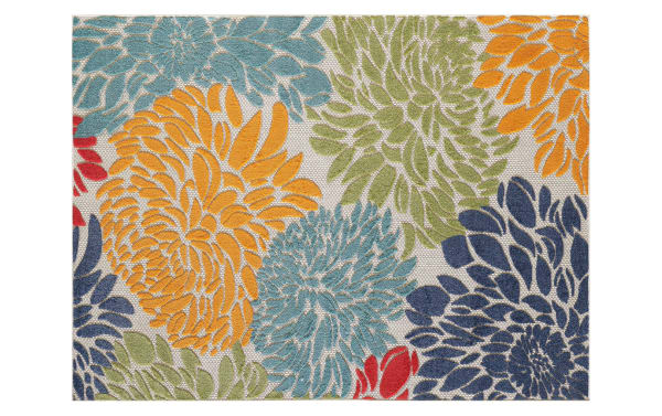 Dodds 5' x 7' beige floral indoor/outdoor rug with bright orange, green, blue, and light blue flower patterns. Polypropylene, transitional style, durable for high traffic and patio use.