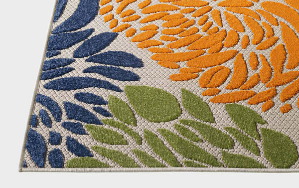Dodds 5' x 7' beige floral indoor/outdoor rug with orange, green, and blue leaf patterns, made of durable polypropylene, transitional style.