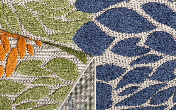 Dodds 5' x 7' beige floral indoor/outdoor rug with transitional style, featuring orange, green, and blue leaf patterns on durable polypropylene.