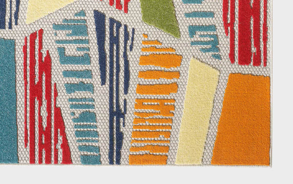 Duran 3' x 5' Multi Geometric Indoor/Outdoor Rug in multicolored red, blue, cream, green, and orange. Made of durable polypropylene with a transitional style and abstract geometric pattern. Suitable for kitchen, patio, or sunroom use.