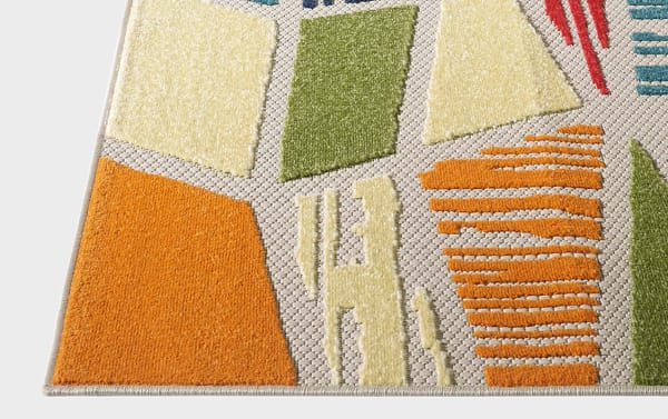 Duran 3' x 5' Multi Geometric Indoor/Outdoor Rug in multicolored polypropylene with bold orange, green, cream, red, and blue shapes, transitional style, durable for kitchen, patio, or sunroom use.