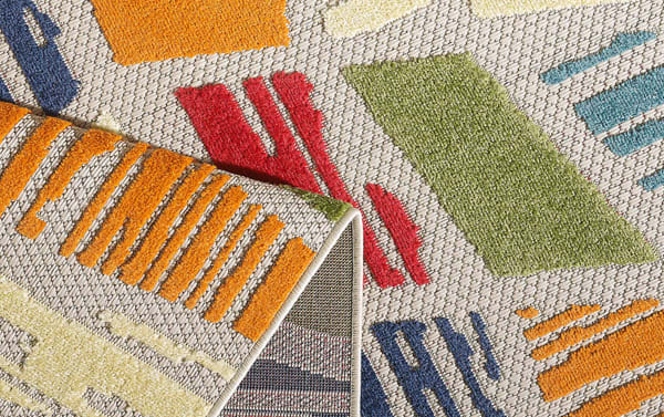 Duran 3' x 5' multi geometric indoor/outdoor rug in multicolored polypropylene with red, blue, cream, green, and orange shapes, transitional style.