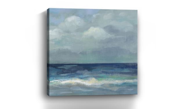 Tranquil Clouds and Sea Crop III canvas wall art with multicolored blue seascape, printed on durable polyester fabric, hand-stretched over solid pine frame.