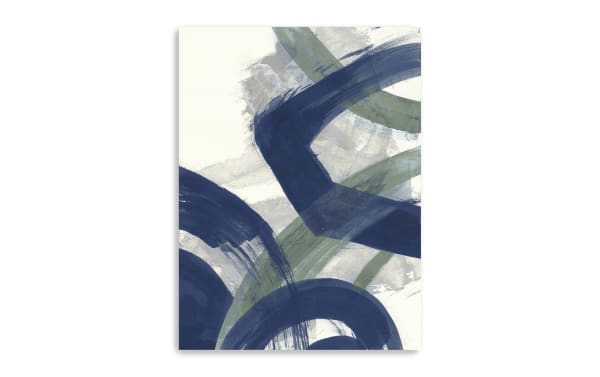 Navy Brushy Abstract I Canvas Wall Art with multicolored navy and green brush strokes, printed on archival polyester fabric, hand-stretched on solid pine frame, transitional style accent for living spaces.