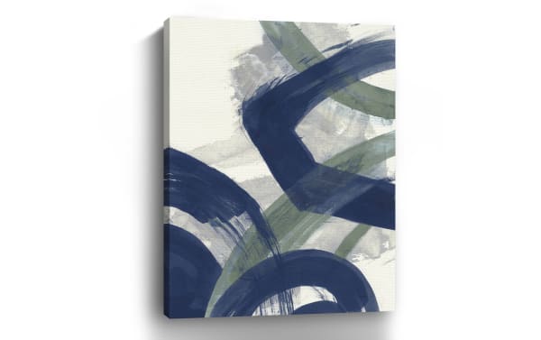 Navy Brushy Abstract I Canvas Wall Art features multicolored navy and green brush strokes on archival polyester fabric, hand-stretched over solid pine frame in transitional style.