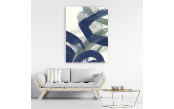 Navy Brushy Abstract I canvas wall art with multicolored navy and green brush strokes on archival polyester fabric, hand-stretched over solid pine frame in transitional style.