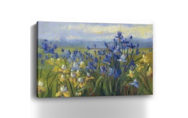 Blue/Yellow Flower Field V2 Canvas Art featuring multicolored blue and yellow flowers in a transitional style, printed on durable polyester fabric and hand-stretched over solid pine.