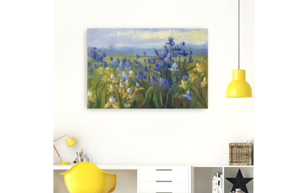 Blue/Yellow Flower Field V2 canvas art featuring multicolored floral design printed on durable polyester fabric, hand-stretched over solid pine frame in transitional style.