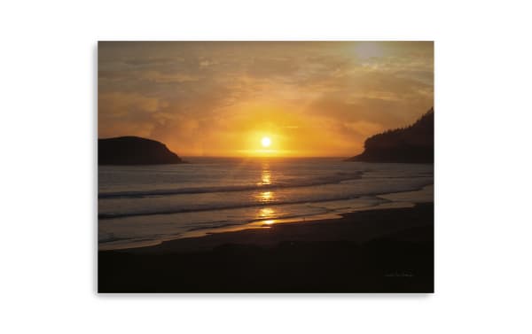 Ocean Sunset Canvas Wall Art features a multicolored transitional style beach sunset scene printed on thick archival polyester fabric, hand-stretched over solid pine for durability and warp resistance.