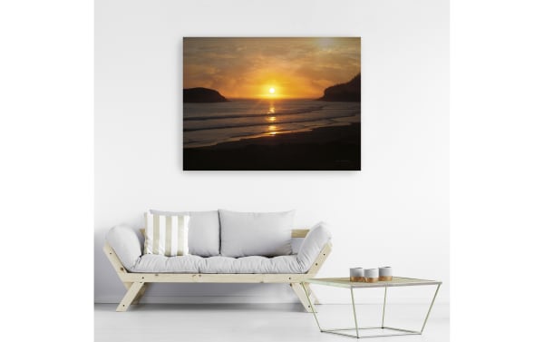 Ocean Sunset Canvas Wall Art featuring a multicolored sunset scene printed on thick archival polyester fabric, hand-stretched over solid pine frame in transitional style.