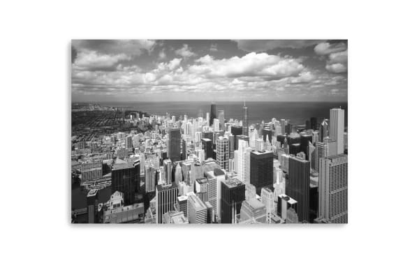 Chicago Lakeshore Canvas Wall Art features a multicolored transitional design of Chicago skyline printed on durable polyester fabric, hand-stretched over solid pine for lasting wall decor.