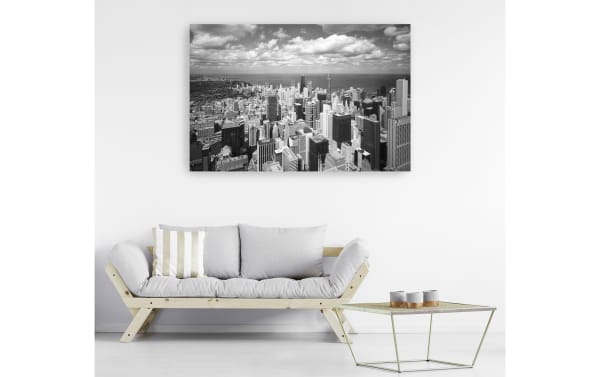 Chicago Lakeshore Canvas Wall Art featuring a multicolored transitional cityscape print on durable polyester fabric, hand-stretched over solid pine frame.