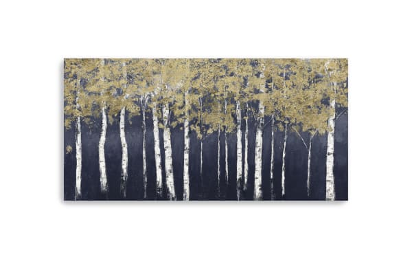 Shimmering Forest Indigo Crop Canvas Art features a multicolored transitional design with gold and white birch trees on indigo fabric polyester canvas, gallery-wrapped on solid pine for durability and warp resistance.