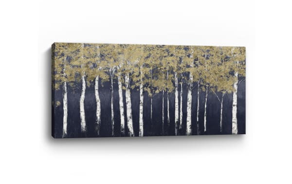 Shimmering Forest Indigo Crop Canvas Art features a multicolored transitional design with white birch trees and gold foliage on indigo background, printed on archival polyester fabric and hand-stretched over solid pine for durability and warp resistance.