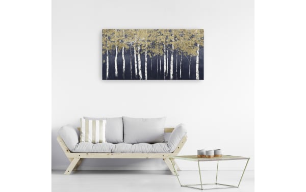 Shimmering Forest Indigo Crop Canvas Art with gold and white birch trees on indigo background, gallery-wrapped polyester canvas on solid pine frame, transitional style wall decor