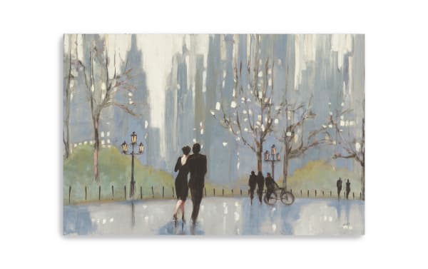 Transitional An Evening Out Blue Canvas Wall Art depicting a couple walking in a city park, printed on durable polyester fabric and hand-stretched over solid pine.