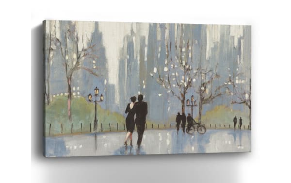 An Evening Out Blue Canvas Wall Art, multicolored transitional style featuring a couple walking in a city park, printed on durable polyester fabric and hand-stretched over solid pine frame.