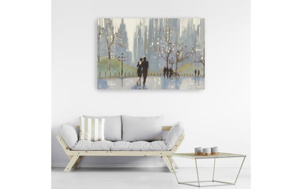 Transitional An Evening Out Blue Canvas Wall Art with multicolored city park scene, printed on polyester fabric and hand-stretched over solid pine frame.