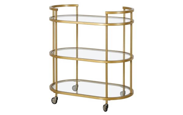 Alice Brass Bar Cart with three curved tempered glass shelves, brass steel frame, glam style, and caster wheels for easy mobility.