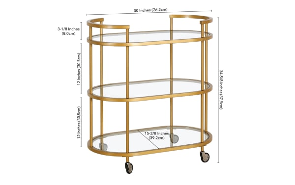 Alice Brass Bar Cart with glam style, featuring three curved tempered glass shelves, brass steel frame, handles, and caster wheels for easy mobility.