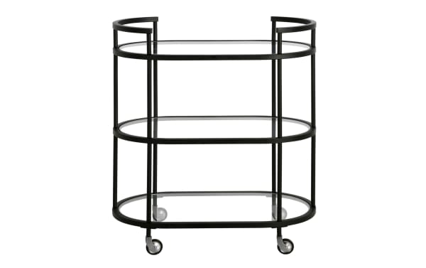 Alice Black Bar Cart with glam style, featuring black steel frame, three curved tempered glass shelves, handles, and caster wheels for easy mobility.