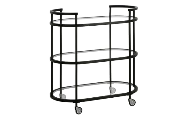 Alice Black Bar Cart in glam style with black steel frame, three curved tempered glass shelves, handles, and caster wheels for easy mobility.