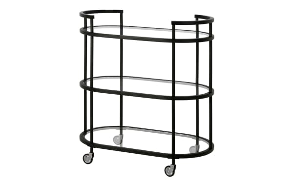 Alice Black Bar Cart with glam style featuring curved black steel frame, three tempered glass oval shelves, and caster wheels for easy mobility.
