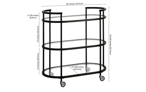 Alice Black Bar Cart with glam style, featuring three curved tempered glass shelves and black steel frame. Measures 34-5/8" H x 30" W x 15-3/8" D, with 3-tier storage and caster wheels for mobility. Ideal for bar, coffee station, or vanity use.