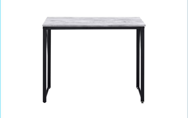 Mercer White Writing Desk with contemporary black metal frame and white wood veneer top, ideal for home office or bedroom workspace.