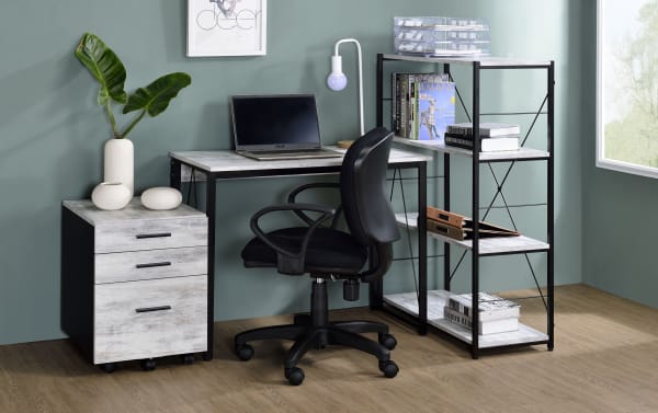Contemporary Mercer White Writing Desk with metal frame and white composite wood veneer surfaces, featuring a large workspace ideal for home offices.