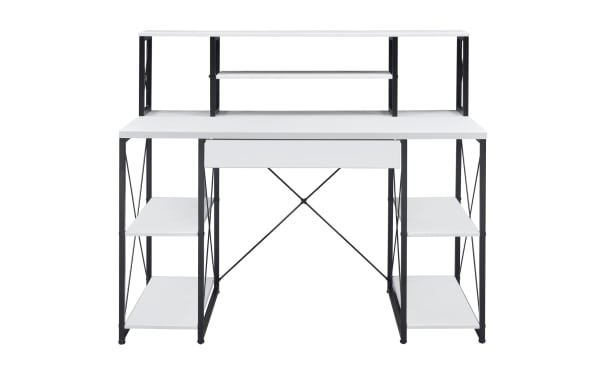 Casper White Desk with Drawer features a contemporary white finish, metal frame, composite wood shelves, one drawer, and eight open storage compartments.
