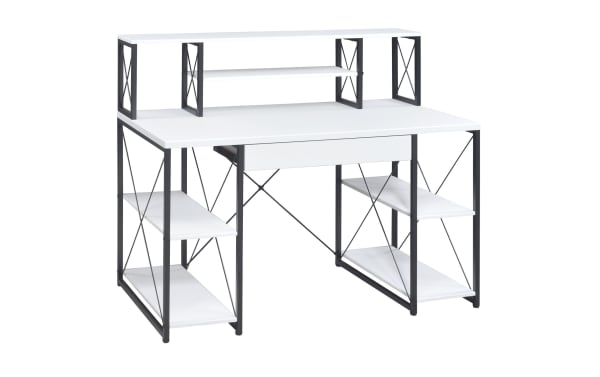 Casper White Desk with Drawer features a contemporary design with white composite wood panels and metal frame, including one drawer and eight open shelves for versatile storage.