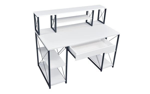 Contemporary Casper White Desk with Drawer features a sturdy black metal frame, white composite wood surfaces, one drawer, and eight open shelves for versatile storage.