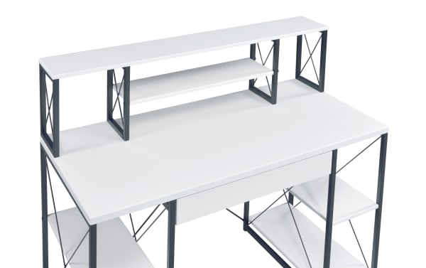 Casper White Desk with Drawer features a contemporary white composite wood top, metal frame, one drawer, and multiple open shelves for organized workspace storage.