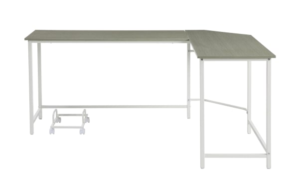 Cora Gray Corner Desk with large L-shaped composite wood panels and white metal frame, contemporary style workspace for home office.